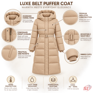 Custom Women's Camel Luxe Belted Puffer <b>Coat</b> Hooded Quilted Winter Jacket Luxury Insulated Outerwear Manufacturer - Product Image 6