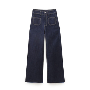 Jean en denim décontracté bleu foncé à fermeture éclair, coupe ample mi-haute et jambe large, en tissu de bonne qualité, délavage neige, pour femme - Product Image 1