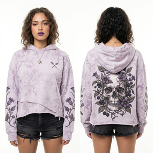 Sweat à capuche zippé épais 500 GSM rouge délavé à l'acide pour femme, avec imprimé flamme sur les manches et motif crâne flammé, style streetwear motard vieilli - Product Image 2