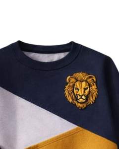 Sweat-shirt pour femme en molleton doux, colorblock bleu marine, moutarde et gris, col rond, décontracté, pull d'hiver avec détail brodé lion - Product Image 6