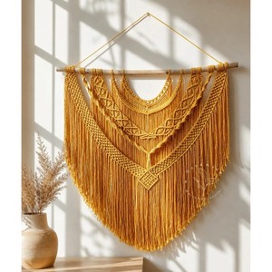 Bohemian Macrame Wall Hanging Abstract Geometric Pattern <b>Triangle</b> Shape Natural Fiber Home Decor Living Room Art Piece - Product Image 1