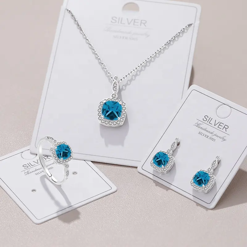 Dainty 925 Sterling Silver Sea Blue Zircon Rings Stud Earrings Square Shape Pendant Necklace Display Jewelry Set