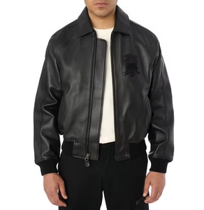 Blouson aviateur en cuir véritable noir pour homme, col rabattu, fermeture éclair, design à patchs, manches classiques, vêtement d'hiver - Product Image 1