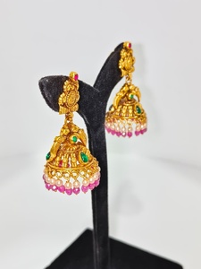 Antique 22k Solid Gold <b>Drop</b> <b>Earrings</b> Handcrafted Lakshmi Motif with Green <b>Emeralds</b> and Natural Pearls for Wedding Occasions - Product Image 2