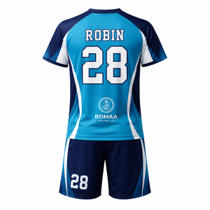 Ensemble maillot et short de football personnalisé Romaa Apparel Co. bleu ciel, marine et blanc, col en V, anti-humidité, unisexe, pour adultes, tenue d'équipe OEM - Product Image 2