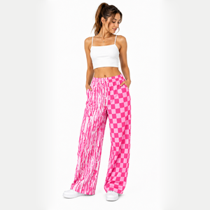 Pantalones de descanso de pierna ancha para mujer adulta, de cintura media, con frente plano, de verano, con estampado de leopardo a cuadros, estilo Western, de moda personalizada - Product Image 6