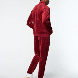 Men's Red <b>Velour</b> <b>Tracksuit</b> Full Zip Sporty Style Solid Color Breathable Polyester Autumn Wear Regular Fit Side Pockets - Product Image 4