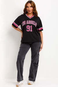Camiseta Jersey Extra Grande Personalizada para Mujer, Cuello en V, Estampado de Números, Ropa Urbana de Verano, OEM, ODM, Venta al Por Mayor - Product Image 5