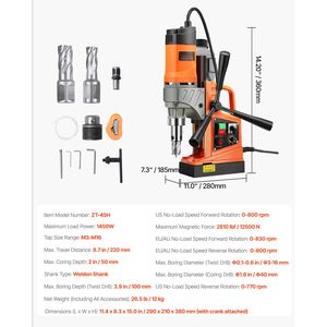 Trapano Magnetico Elettrico Portatile 1450W, Diametro di Foratura 1.6, 2810 Lbf, 2 Punte per Foratura, Velocità Variabile - Product Image 3