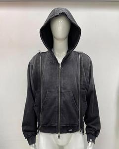 Men's Hooded Fleece <b>Zip</b>-<b>Up</b> Sweatshirt Long Sleeve Solid Color Washed Winter Embroidered Regular Fit Knitted Jacket - Product Image 2