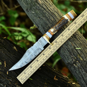 Cuchillo Bowie de Caza con Hoja Fija con Patrón Damasco, Mango de Madera de Ciervo, Espiga Completa, Punta Caída, Utilidad para Exteriores, OEM, Garantía de 3 Años - Product Image 3