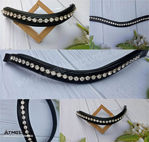 Frontal en cuir noir rembourré avec cristaux transparents pour concours hippique et événements spéciaux - Product Image 3