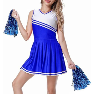 Blue <b>White</b> Cheerleading Uniform Skirt Set With <b>Pom</b> <b>Poms</b> And Hair Bow For Adults - Product Image 2