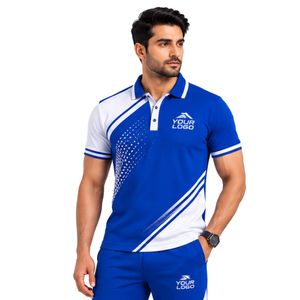 Polo homme bleu et blanc premium avec design de panneaux contrastants dynamiques, broderie de logo personnalisée, vêtements de sport de golf, manches courtes - Product Image 1