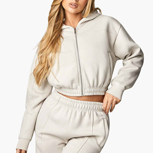<b>Cropped</b> Hooded <b>Zip</b>-<b>Up</b> Sweatshirt Solid Color Oversized Fit Casual French Terry Unisex Autumn Wear - Product Image 1