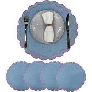 Set di 4 tovagliette in lino e cotone con ricamo floreale a festoni, 38 cm, tessuto con trama in lino naturale, lavabili in lavatrice - Product Image 1