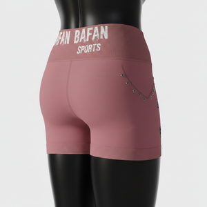 Shorty en tissu extensible doux 230 GSM en poly-spandex rose poudré, taille croisée côtelée, logo personnalisé. - Product Image 5