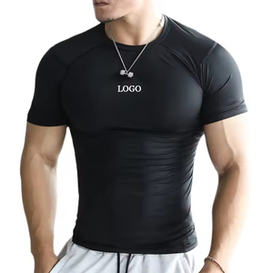 Camiseta Deportiva de Compresión de Manga Corta Negra para Hombre, Corte Ajustado, Secado Rápido, Cuello Redondo, Tejido de Poliéster - Product Image 1