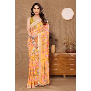 DISEÑADOR GEORGETTE ESTAMPADO TRABAJO SAREE CON BLUSA SIN COSTAR NARANJA - Product Image 1