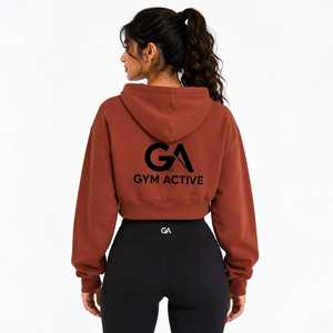 <b>Gym</b> Active Cropped Hooded <b>Sweatshirt</b> Unisex French Terry Cotton Zip Casual Winter Wear Back Logo 340g Oversized Fit - Product Image 3