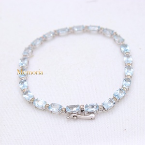 Pulsera de tenis de oro blanco macizo de 14K con aguamarina natural ovalada y diamantes engastados, joyería fina, Memoria Jewels, venta al por mayor - Product Image 4