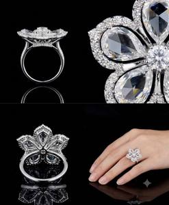 Bague de luxe pour femme en or massif 10K plaqué rhodium avec diamant de laboratoire, taille poire rose, pierre centrale et pierres latérales, idéale pour un anniversaire - Product Image 2