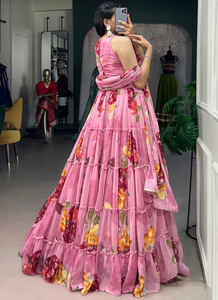 Conjunto de Lehenga de Chifón con Estampado Floral, Falda Plisada con Ribete de Encaje, Blusa sin Coser, Dupatta, para Bodas y Fiestas - Product Image 4