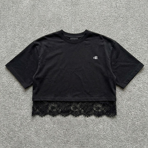 Chemisier court ample et oversize pour femme, avec empiècements en dentelle de luxe, épaules tombantes, 100% Coton, manches courtes, haut décontracté DTG - Product Image 3