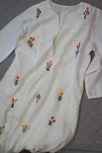 Robe en lin bohème écologique à boutons, broderie florale à la main, manches longues, coupe régulière, longueur maxi, décontractée, été, femme - Product Image 1
