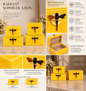 Coffret de rangement pour bijoux en verre jaune doré avec poignée libellule noire, finition brillante, doublure douce, organisateur décoratif pour souvenirs - Product Image 2
