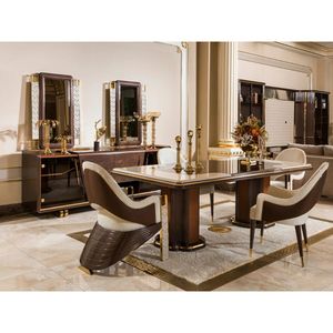 Juego de Comedor de Madera de Teca Sólida de Estilo Moderno de Mediados de Siglo, Negro y Dorado, 7 Piezas, Mesa Rectangular Antigua, para Hotel, Apartamento, Villa, Hogar - Product Image 1