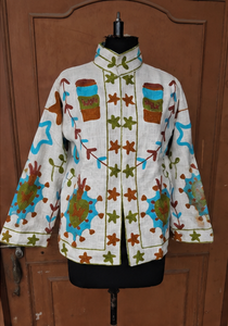 Luxury Handmade <b>star</b> mandala sunburst <b>Jacket</b> Cotton Turquoise Print White Base Hand Embroidered Look Boho Statement Jaipur Women - Product Image 4
