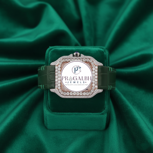 นาฬิกาเพชรหรู Pragalbh Jewels นาฬิกาโมอิสซาไนต์แบบฝังเพชรเต็มหน้าปัดทรงสี่เหลี่ยม สายหนังสีเขียว ระบบควอตซ์ - Product Image 6