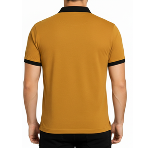 เสื้อโปโลผู้ชายสีเหลืองมัสตาร์ดปักโลโก้ตามสั่ง คอปกสีดำตัดกัน ทรงเข้ารูป แขนสั้น สำหรับกอล์ฟ ขายส่ง - Product Image 4