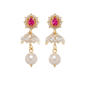 Ruby Jhumkas Bridal Drop Earrings-18K Gold Plated Zircon & Pearl Chandelier Style - Product Image 2