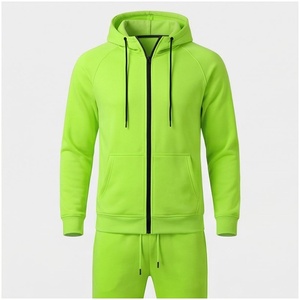 Ensemble de survêtement à capuche vert fluo pour homme, manches longues, fermeture éclair sur le devant, couleur unie, respirant, décontracté, pour l'automne, coupe classique - Product Image 1