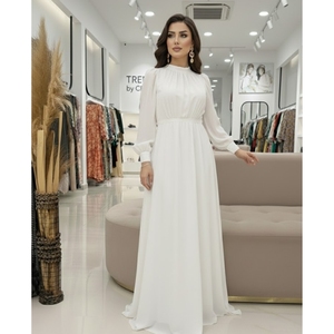 Elegante vestido de noche de gasa con corte en A |   Vestido formal cómodo con cuello alto, manga farol, pliegues frontales, corte imperio y largo hasta la rodilla - Product Image 4