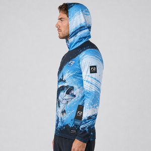 Sweat à capuche de pêche unisexe F2 WIN, impression par sublimation, UPF 50, séchage rapide, respirant, manches longues, chemise de performance, motif bleu sur le devant - Product Image 2