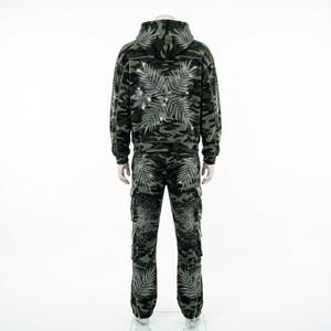 <b>Mens</b> <b>Camo</b> Tracksuit Set Rhinestone Leaf Print Hoodie <b>Cargo</b> Pants Custom Streetwear Sportswear Matching Outfit - Product Image 2