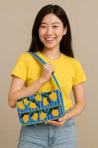Sac à main rectangulaire fait main lavable avec broderie en polyester motif citron jaune sur fond bleu - Product Image 2