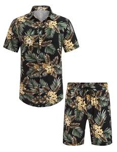 mens black yellow tropical floral palm leaf print <b>short</b> <b>sleeve</b> lapel <b>button</b> <b>up</b> shirt matching <b>shorts</b> 2 piece set casual hawaiian - Product Image 3