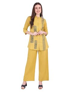 ชุดเซ็ตสีเหลือง SAZU สำหรับผู้หญิง ประกอบด้วยเสื้อคอจีนและกางเกงขายาวทรงปาลาซโซ ผลิตจากผ้าคอตตอนผสม ดีไซน์หรูหรา - Product Image 5