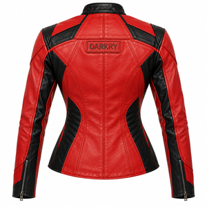 เสื้อแจ็คเก็ตหนังสีแดงสำหรับผู้หญิง แต่งสีดำแบบ Color Block สไตล์ Biker Racer ทรงเข้ารูป คอตั้ง แขนเสื้อแบบซิป  แบบสั่งทำพิเศษ  เสื้อคลุมสำหรับขี่มอเตอร์ไซค์ - Product Image 2