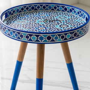 Handcrafted Blue Decorative <b>Stool</b> – <b>Round</b> Wooden Seating for Living Room Stylish Modern Accent Furniture - Product Image 5