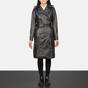 High Quality Wholesale <b>Women's</b> Jackets Stylish Genuine Leather Black <b>Double</b> <b>Breasted</b> Leather <b>Coat</b> Custom Logo Colors OEM - Product Image 3