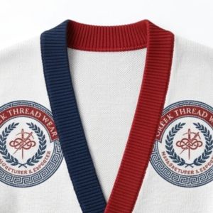 Custom Greek Apparel Sorority Fraternity Cotton Acrylic Knitted <b>Cardigan</b> <b>Sweater</b> Jacquard Computer Knitted Logo Varsity Jacket - Product Image 5