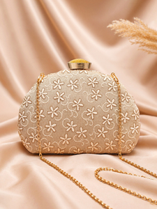 Beige Floral Embroidery Party <b>Clutch</b> Bag Designer Party Handbag for Women <b>Wedding</b> Occasions - Product Image 1