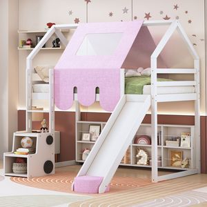 Lit mezzanine en bois blanc et rose pour enfants, taille double, avec cadre en forme de maison et tente – Catégorie de produit : Lits pour enfants - Product Image 1