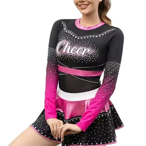 Uniforme de cheerleading Econex pour femmes adultes, noir et rose, ensemble jupe à manches longues, polyester, imprimé par transfert thermique, strass - Product Image 1