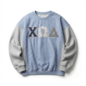 Sudadera de cuello redondo para mujer, azul con apliques a cuadros, letras griegas, manga gris, corte regular, para otoño - Product Image 1